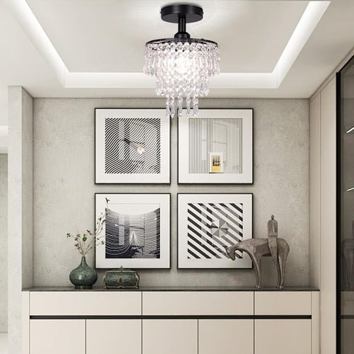 Small Black Crystal Chandelier Flush Mount With Raindrops - lit&Co