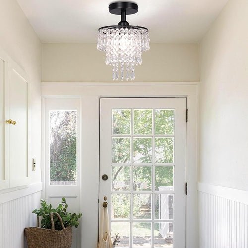 Small Black Crystal Chandelier Flush Mount With Raindrops - lit&Co