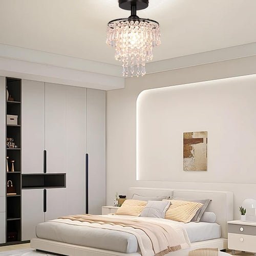 Small Black Crystal Chandelier Flush Mount With Raindrops - lit&Co