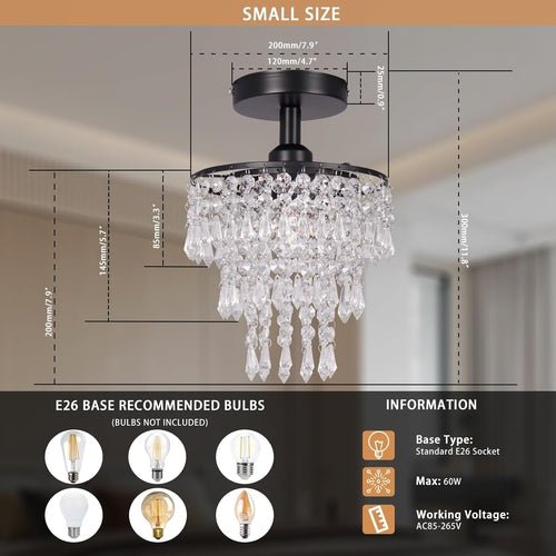 Small Black Crystal Chandelier Flush Mount With Raindrops - lit&Co