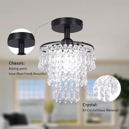 Small Black Crystal Chandelier Flush Mount With Raindrops - lit&Co